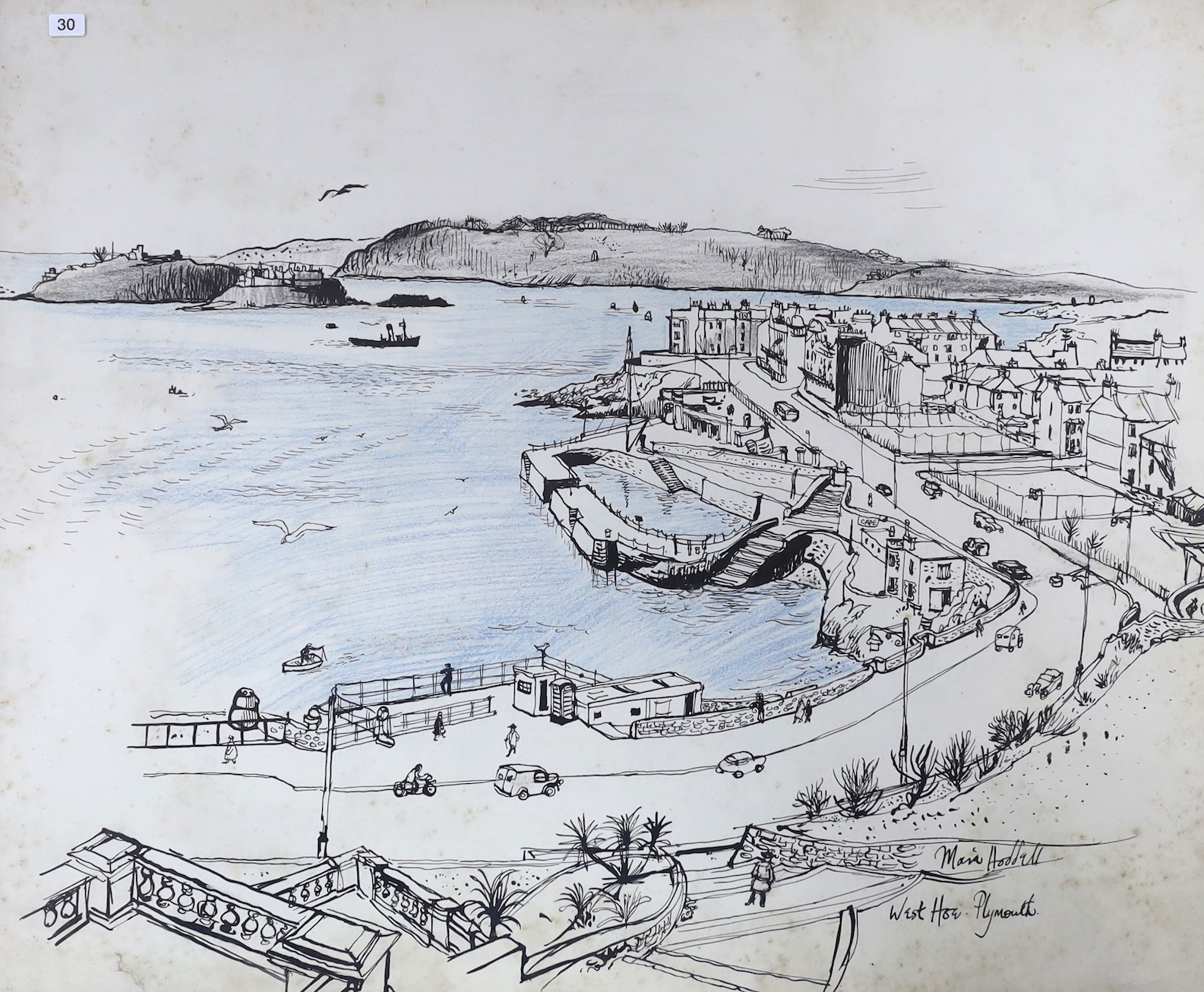 Moira Hoddell, four ink and watercolours, including Plymouth and Priory Ruins, Lewes, together with a ink sketch by the same hand, Rebuilding The Temple Cloisters, dated 1951, each signed, largest 45 x 37cm